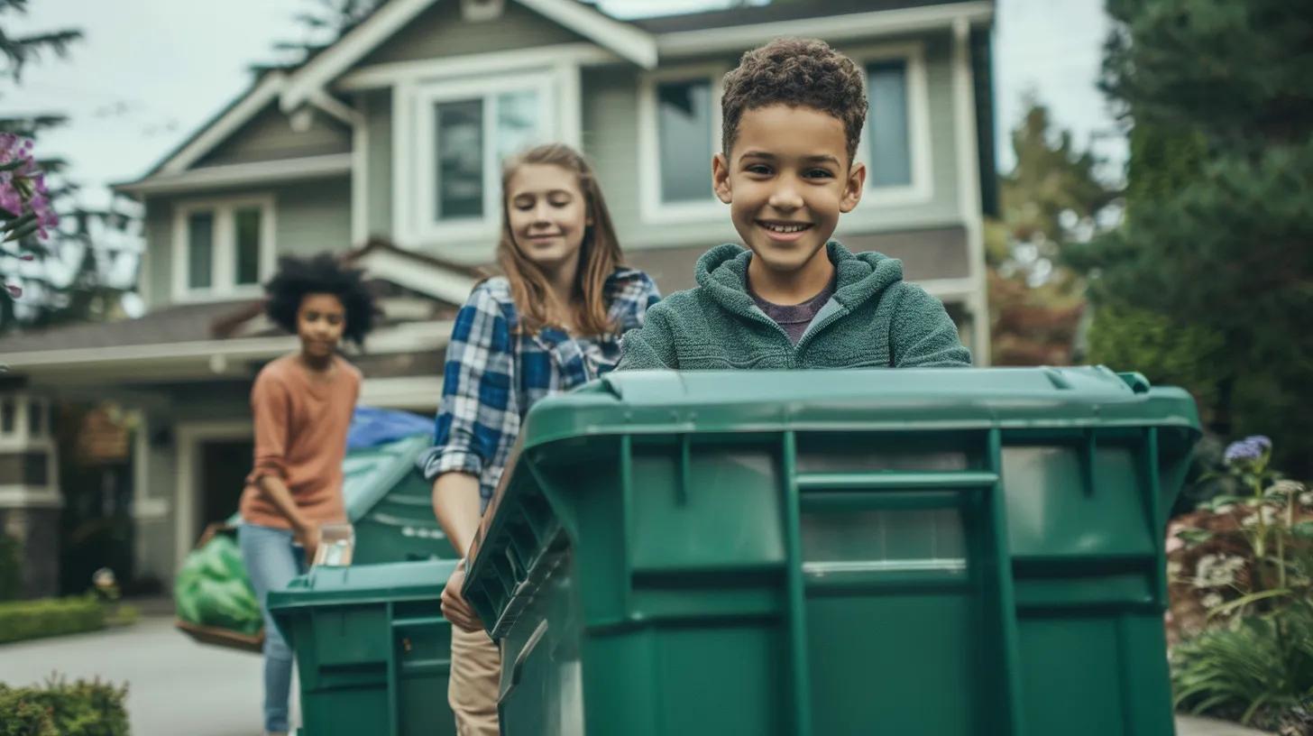 Children smiling while transporting eco-friendly plastic moving bins in a residential setting, highlighting the convenience of moving bin rental in Denver.