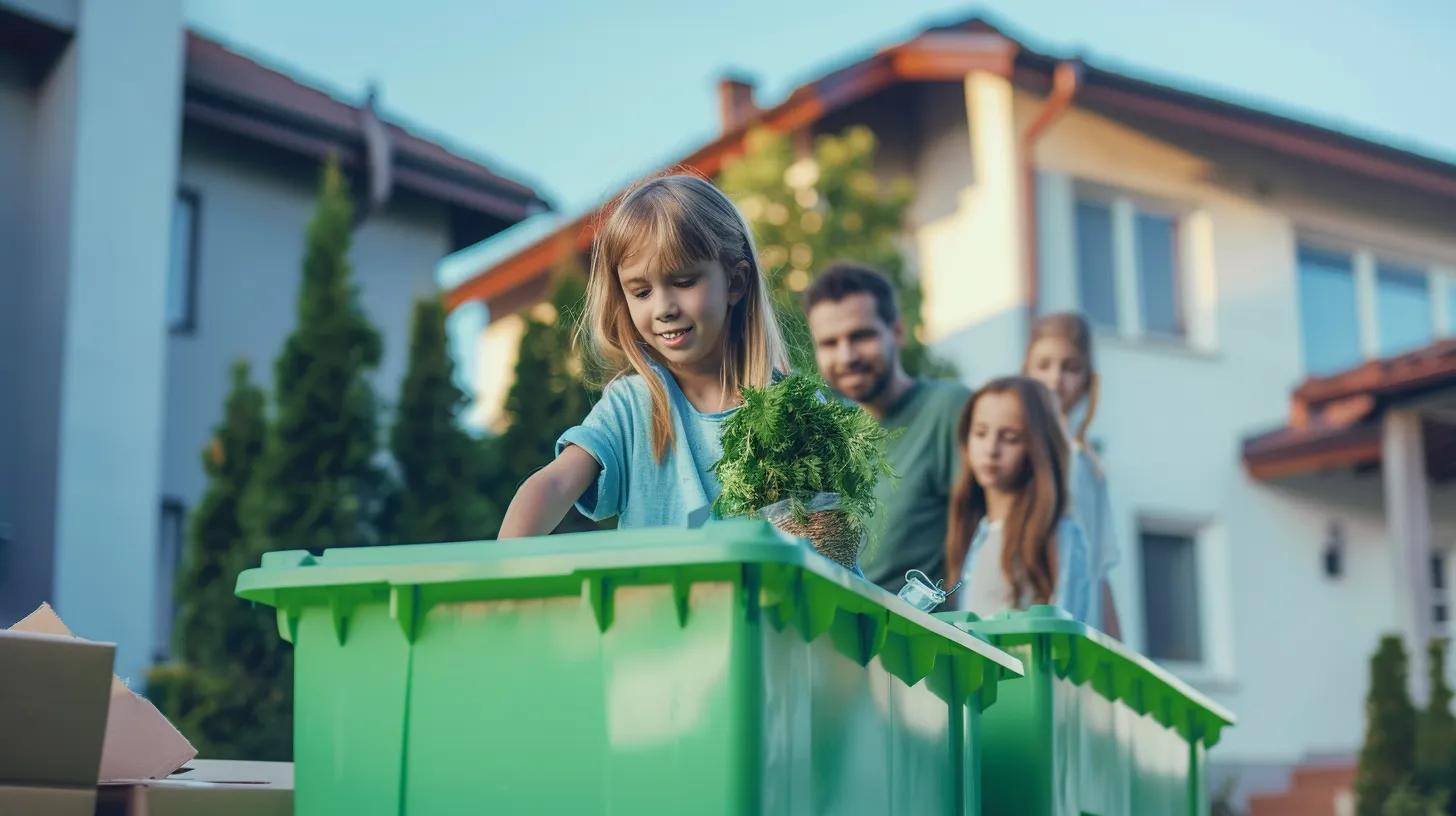 Girl placing greenery into reusable plastic moving boxes, with family members in the background, emphasizing sustainable moving practices in Denver.
