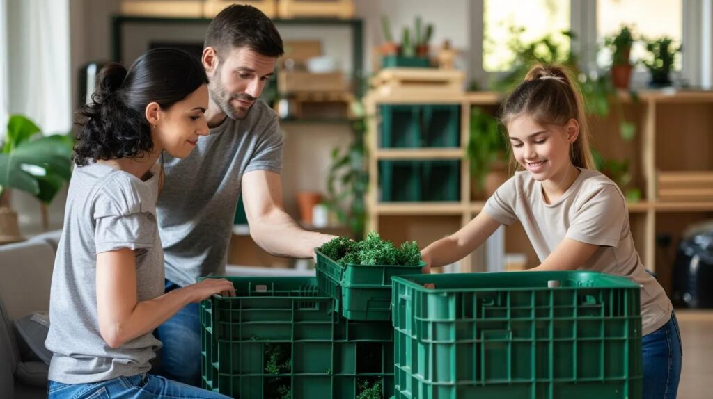 Family packing reusable green moving crates with plants, promoting sustainable moving solutions in Denver.