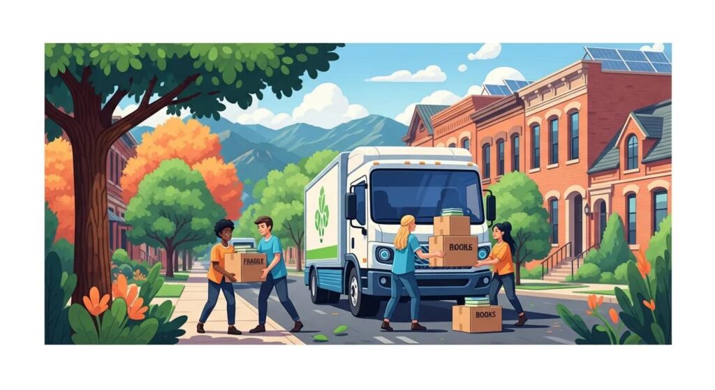 Illustration of a sustainable moving scene in Denver, featuring diverse individuals carrying labeled moving boxes, with a green moving truck parked on a residential street surrounded by trees and mountains.