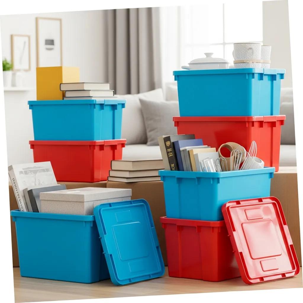 Colorful reusable plastic moving bins stacked in a modern living room, showcasing packed items and emphasizing convenience for eco-friendly moving solutions by ReloCrate.