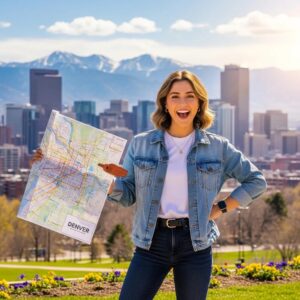 Young student exploring Denver skyline with mountains, representing relocation excitement
