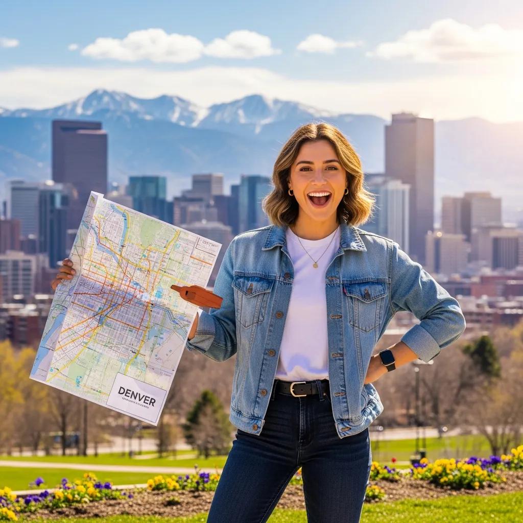 Young student exploring Denver skyline with mountains, representing relocation excitement
