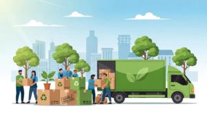 Stacked reusable moving crates ready for transport