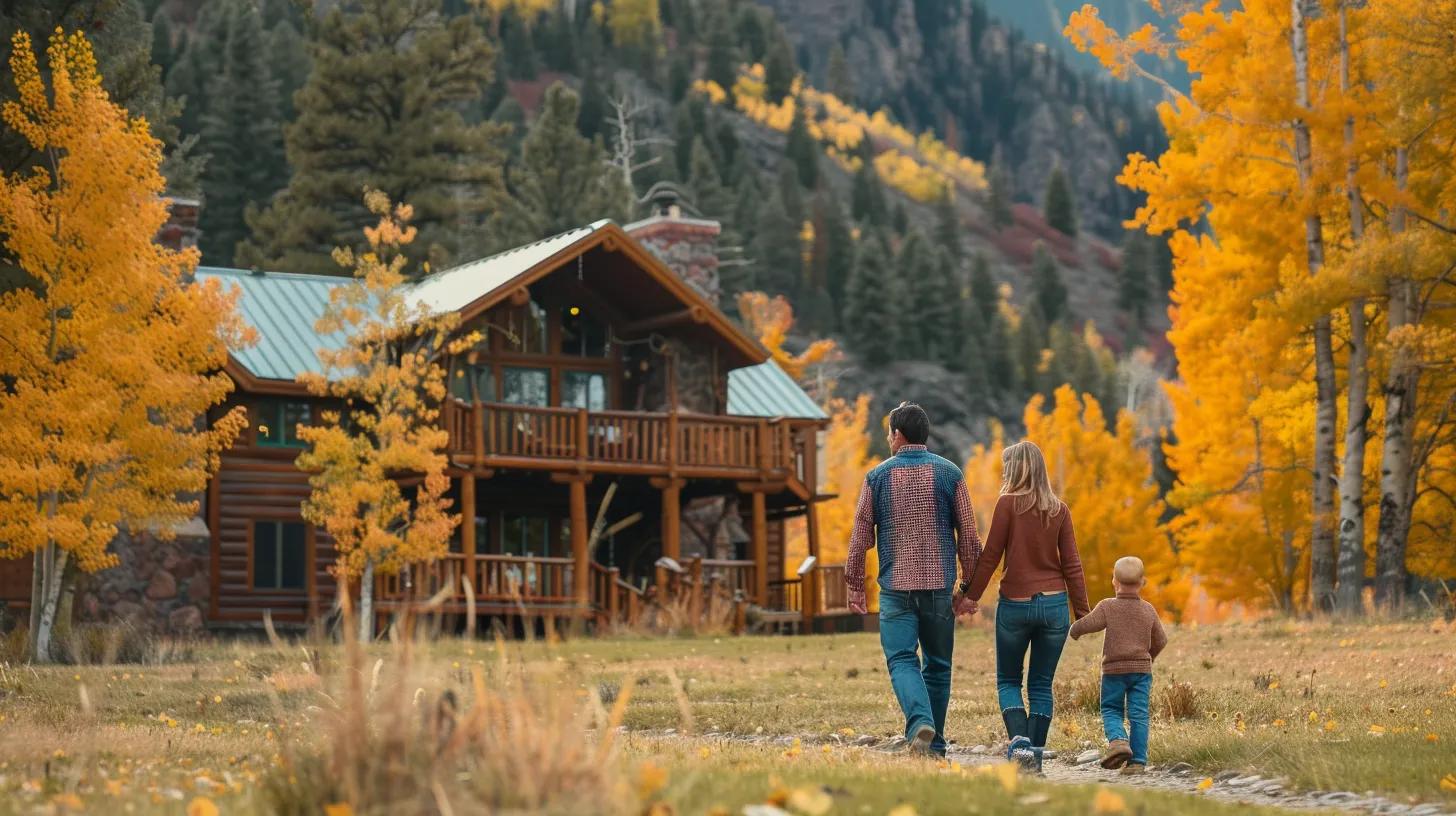Family walking towards a rustic cabin surrounded by vibrant autumn foliage, illustrating a serene outdoor setting ideal for moving and packing experiences.
