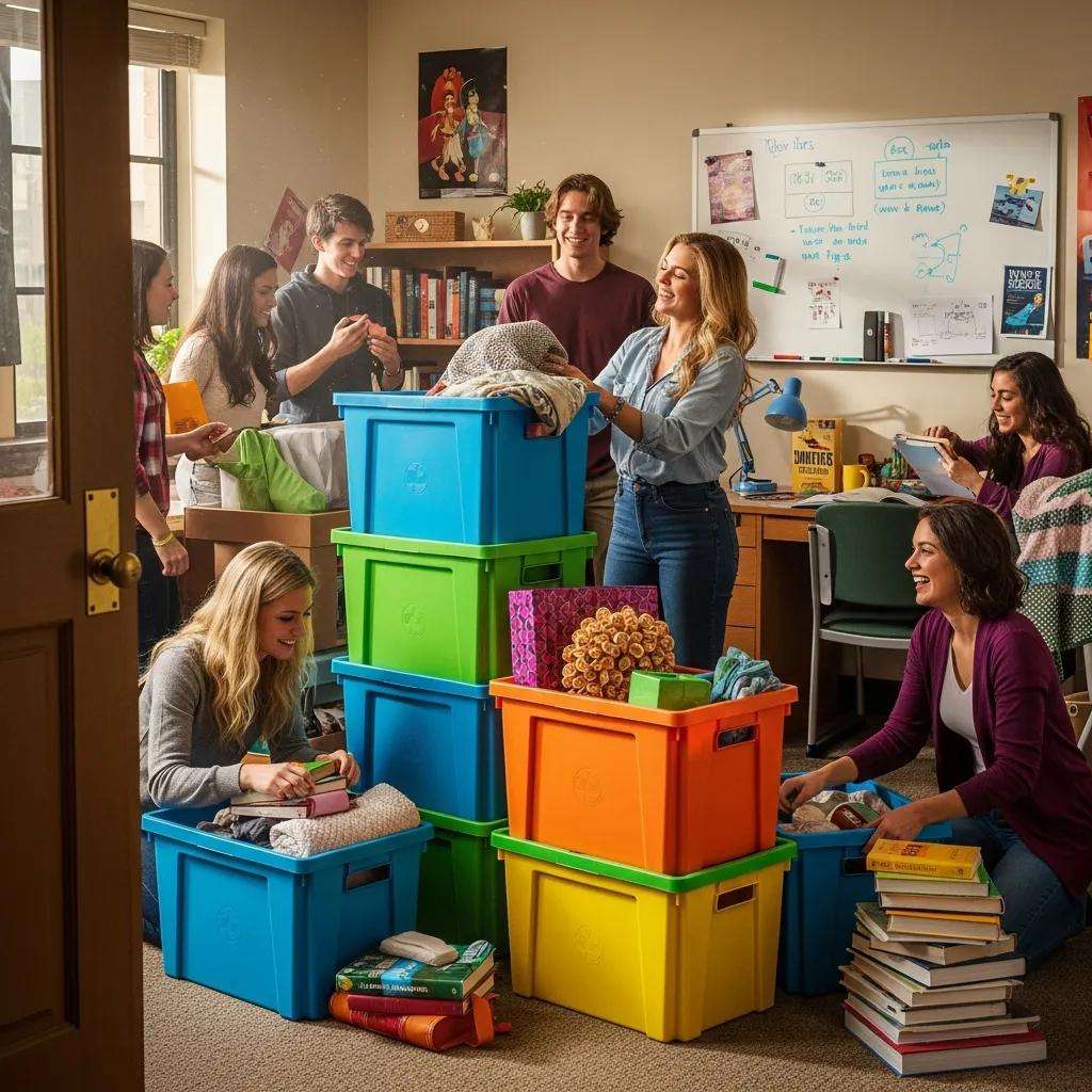 Group of students in a university setting packing colorful reusable plastic moving boxes, emphasizing eco-friendly packing solutions and organization for a sustainable move.