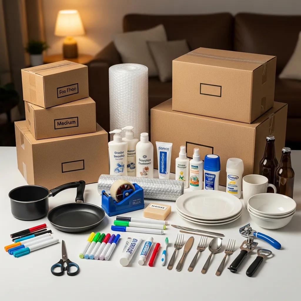 Curated student moving kit featuring packing boxes, essential kitchen items, toiletries, and packing supplies for university relocation.
