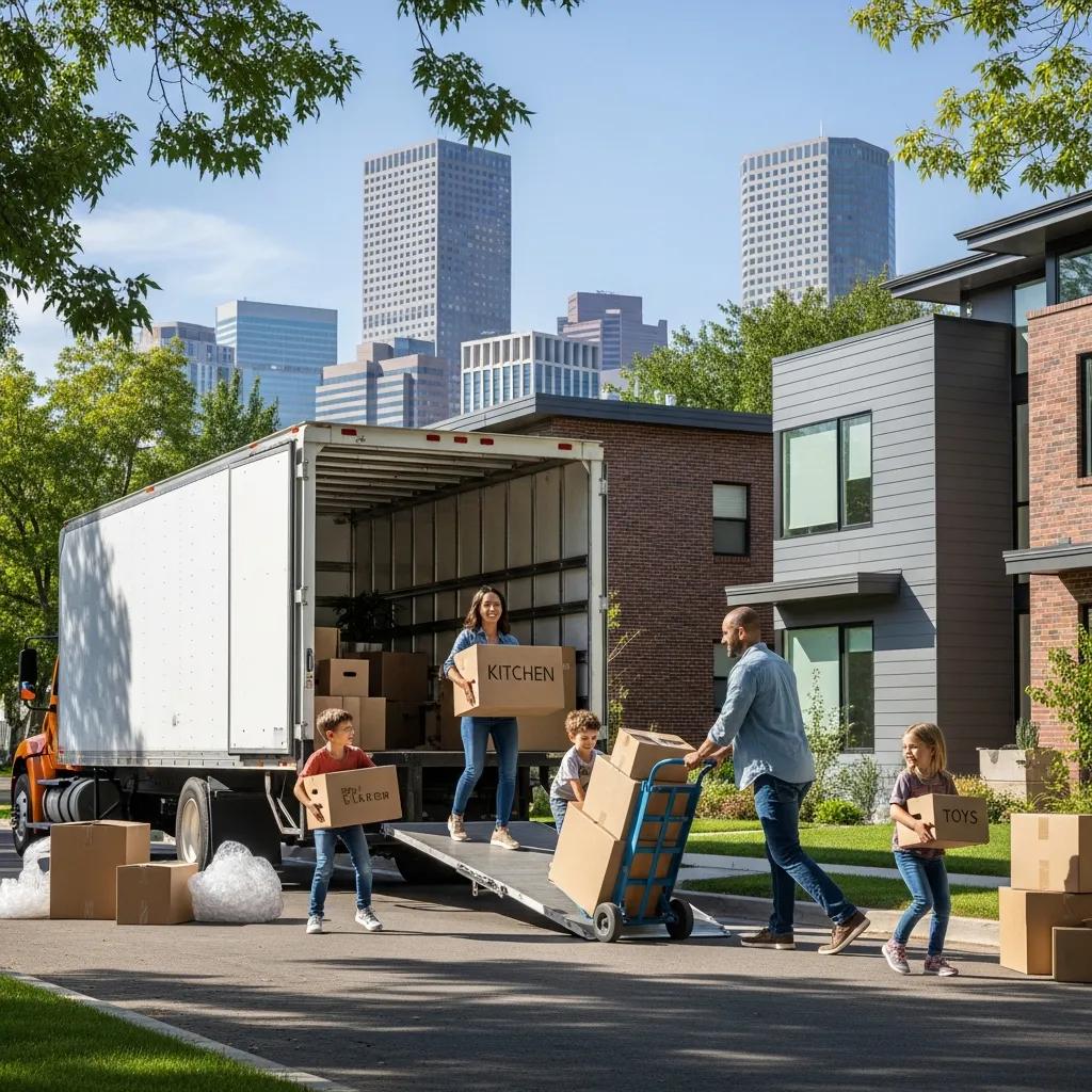 Family unloading boxes from a moving truck in Denver, showcasing reliable moving services with labeled boxes for kitchen and toys, set against a city skyline.