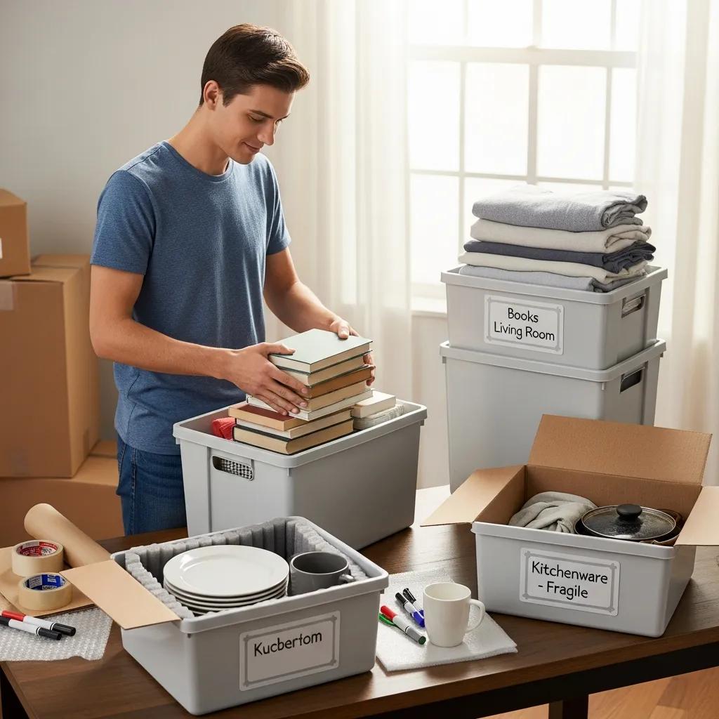 Student packing reusable moving boxes with books, demonstrating effective packing strategies for university moves, with labeled containers for organization.