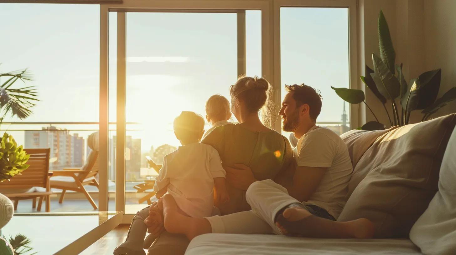 Family enjoying a sunset together on a sofa, highlighting a warm and cozy atmosphere in a modern living space.