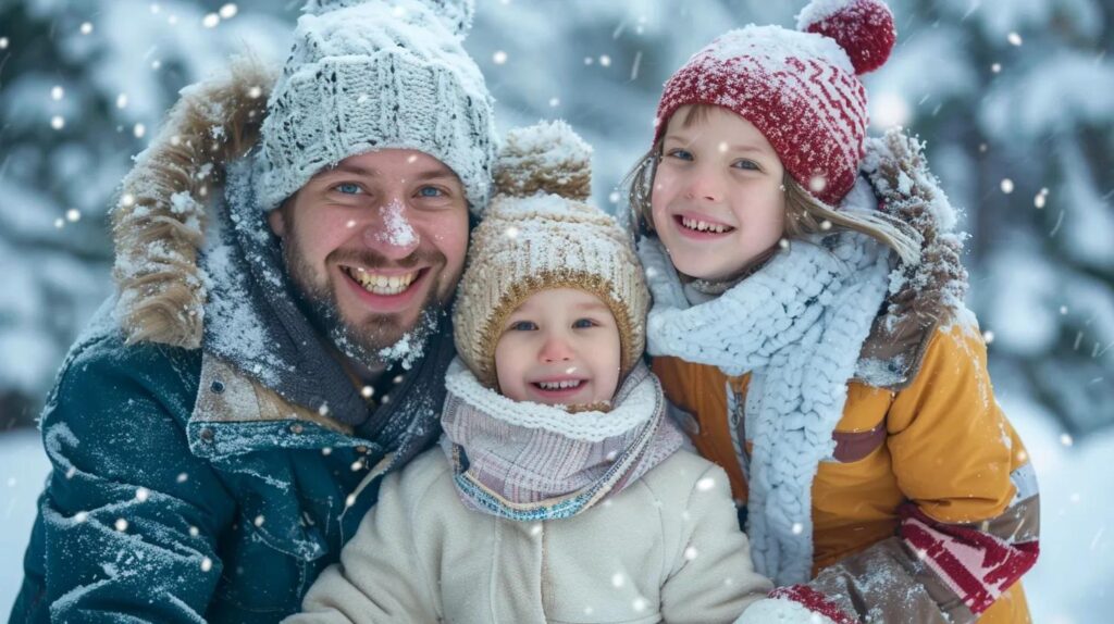 family smiling outside in the Colorado snow