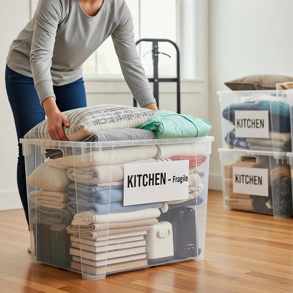 A person packing a reusable moving crate with household items, demonstrating efficient packing techniques and organization