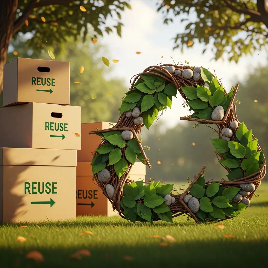 A recycling symbol created from natural elements next to reusable moving boxes, symbolizing environmental benefits and sustainability