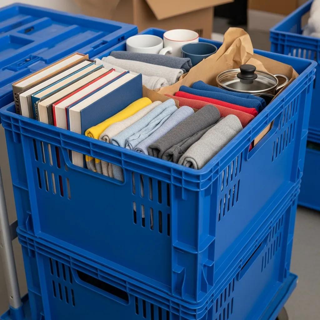 Close-up of a plastic moving crate filled with household items, showing handle and stackable design