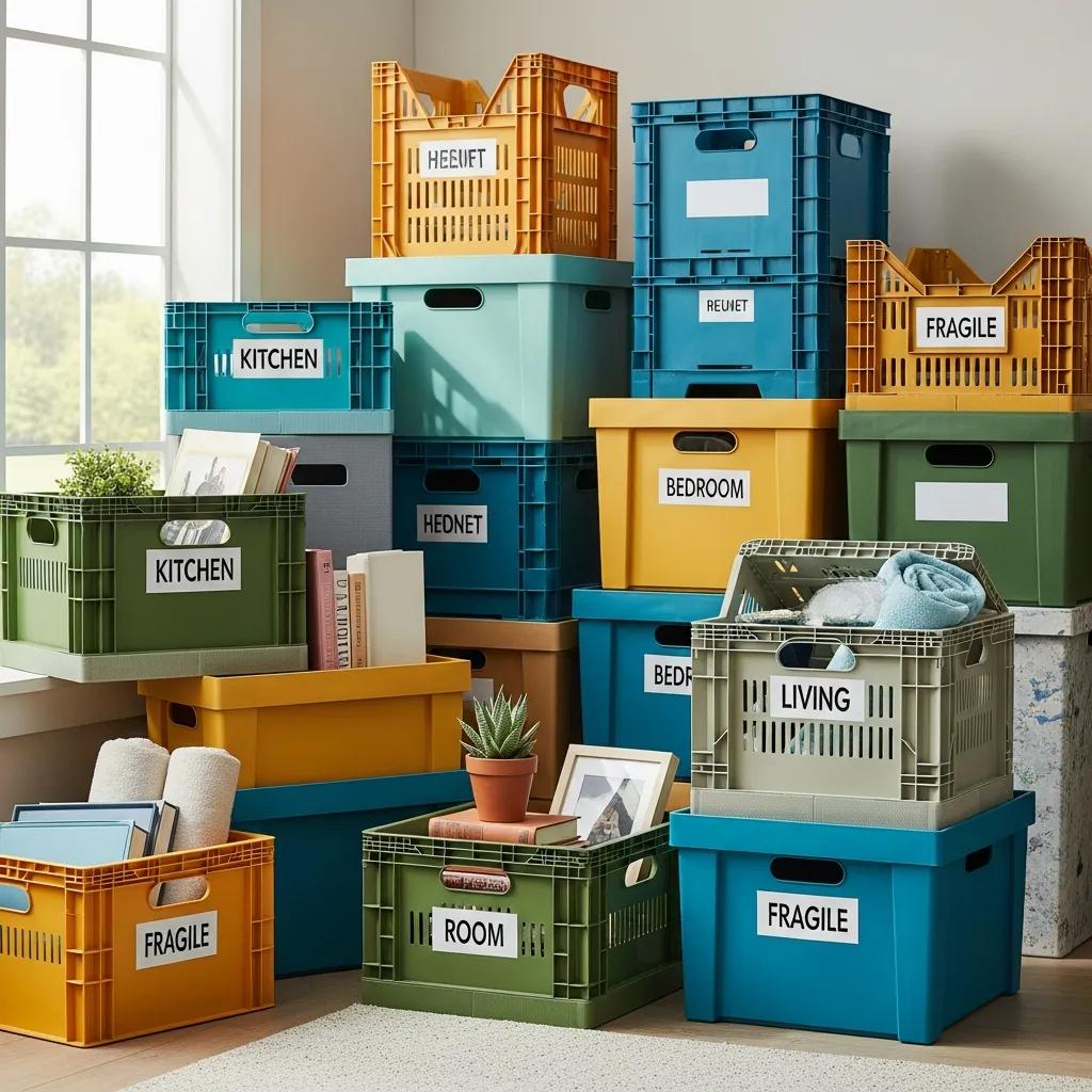 Colorful reusable moving boxes and crates stacked in a bright living space, emphasizing durability and eco-friendliness