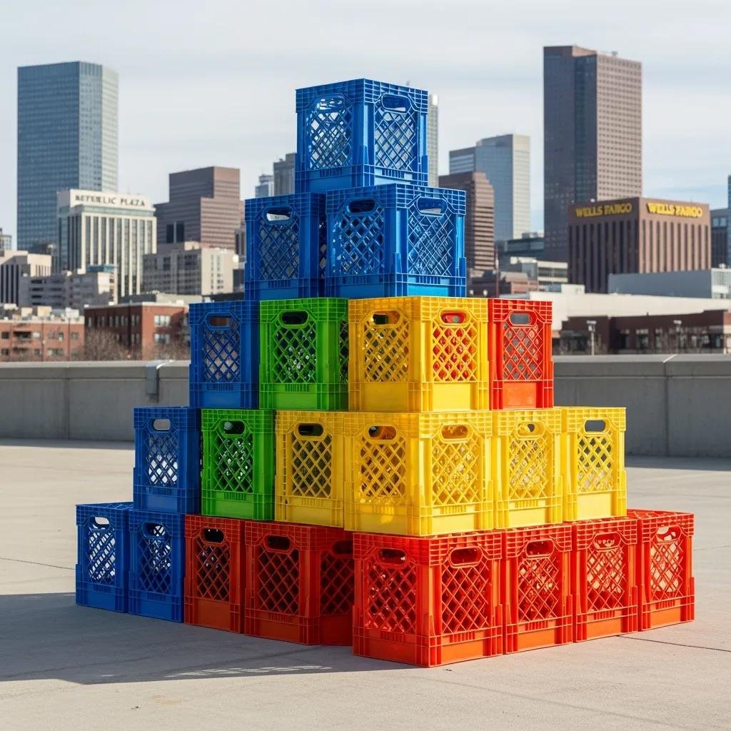 Colorful reusable moving crates in front of Denver skyline, emphasizing eco-friendly moving solutions