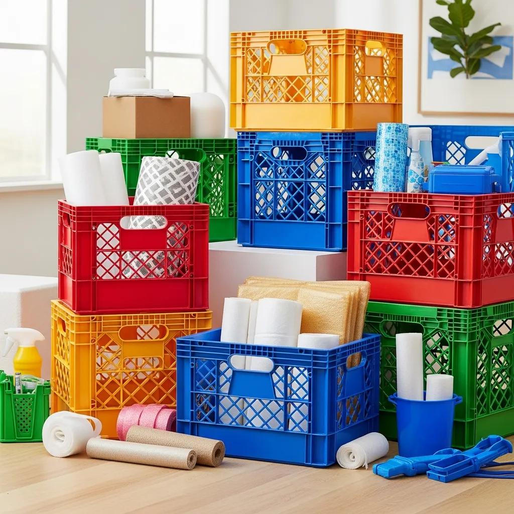 Colorful reusable moving supplies including plastic crates and packing materials for a smooth moving experience in Denver