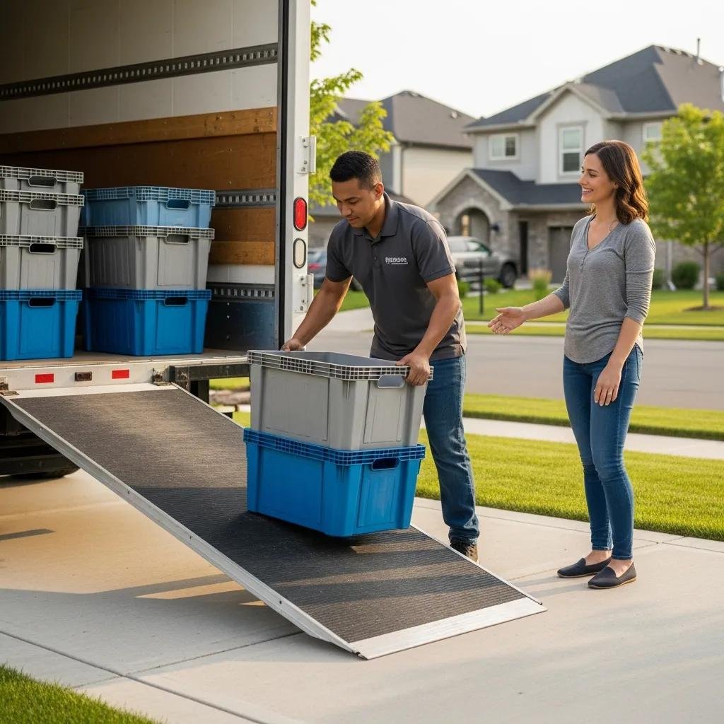 Delivery person unloading reusable moving crates in a residential area, illustrating the delivery process