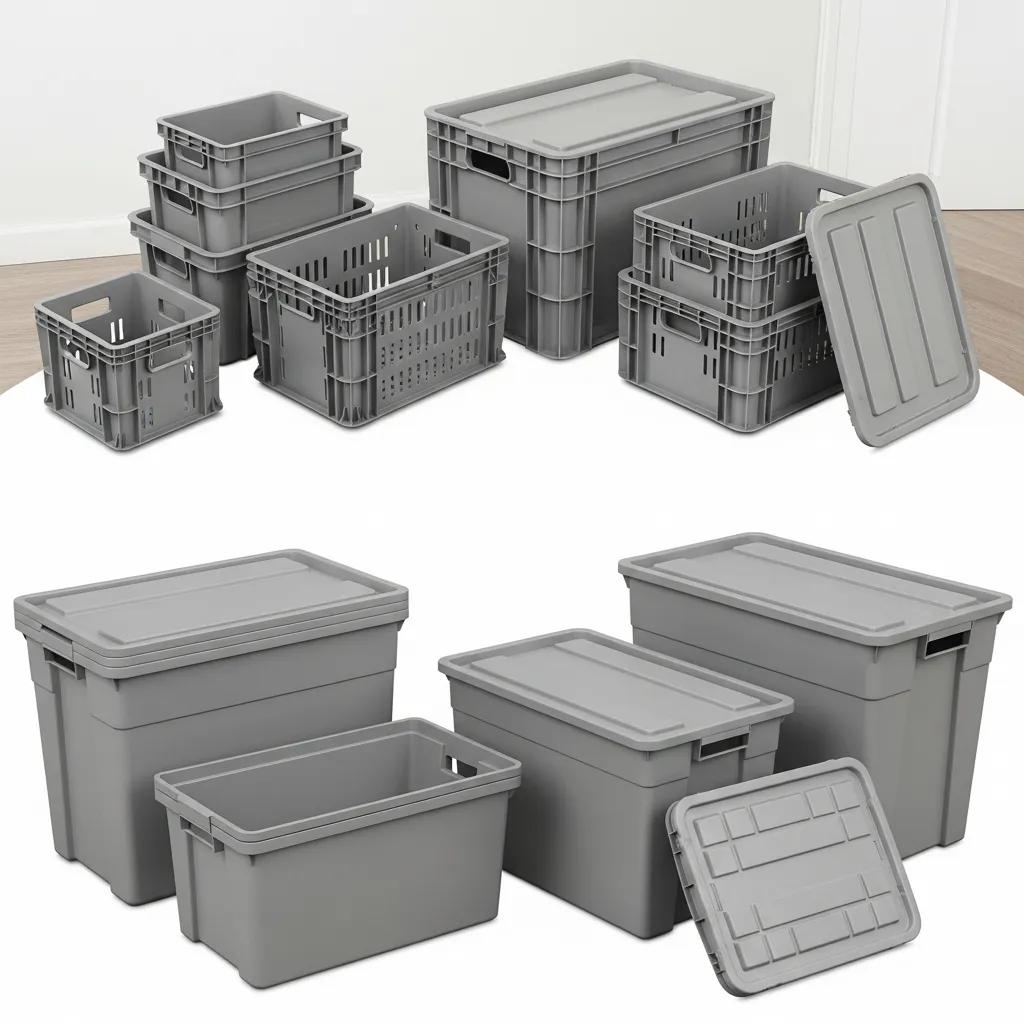 Different sizes of reusable moving containers including small, medium, and large plastic crates for various moving needs