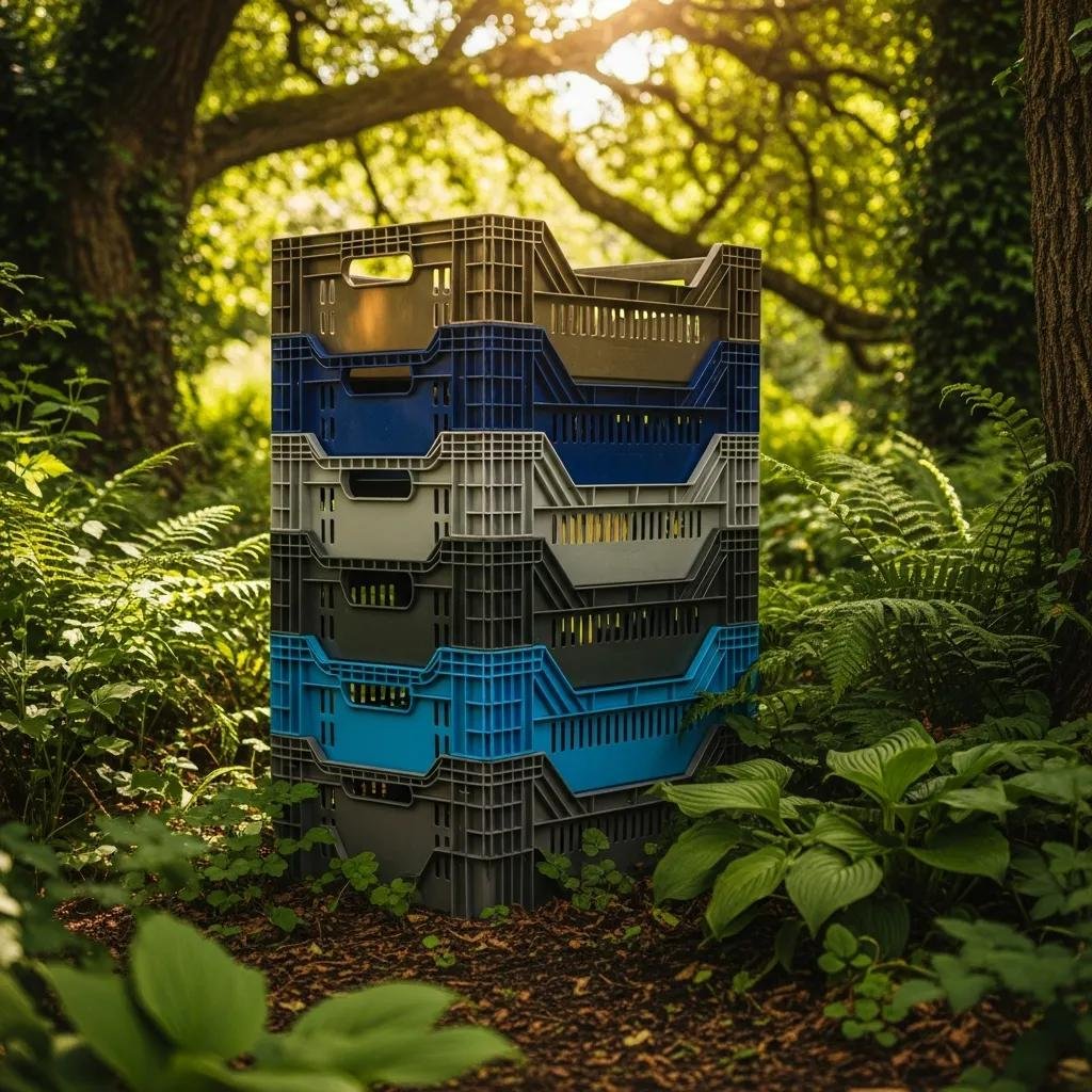 Durable plastic moving crates in a natural setting, showcasing eco-friendly moving options
