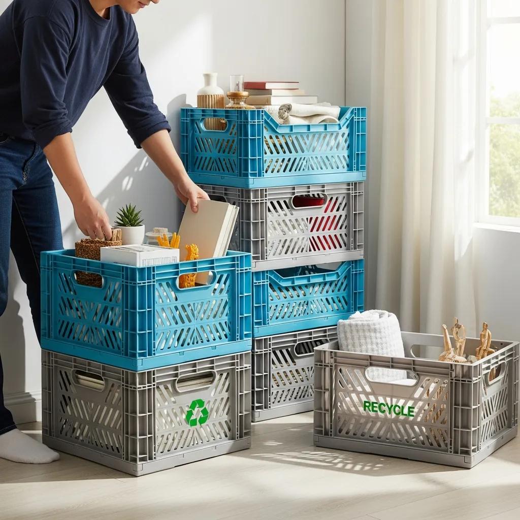 Person packing items into durable reusable plastic moving crates, showcasing the benefits of eco-friendly moving solutions