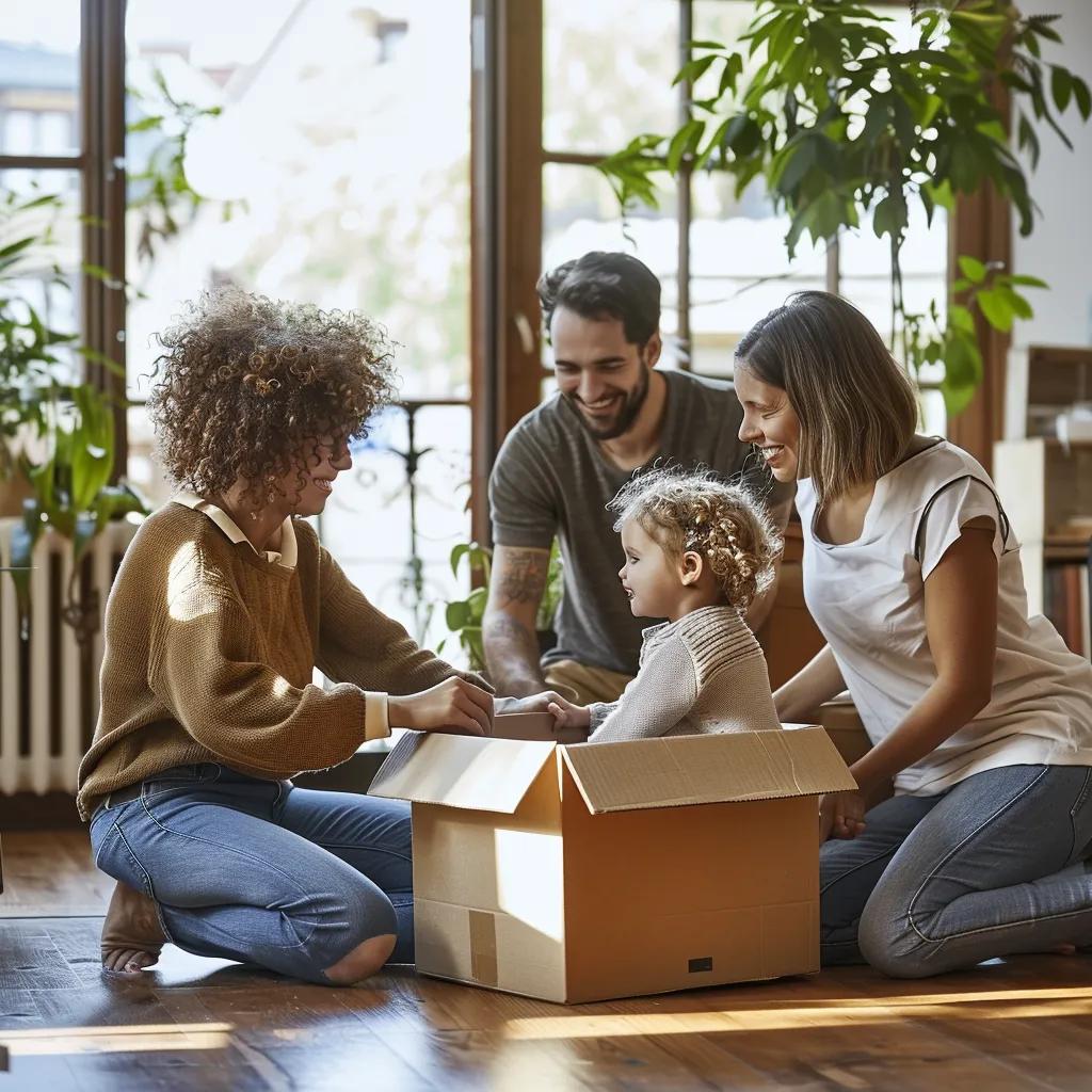Happy family unpacking reusable plastic moving boxes in their new home, reflecting positive customer experiences