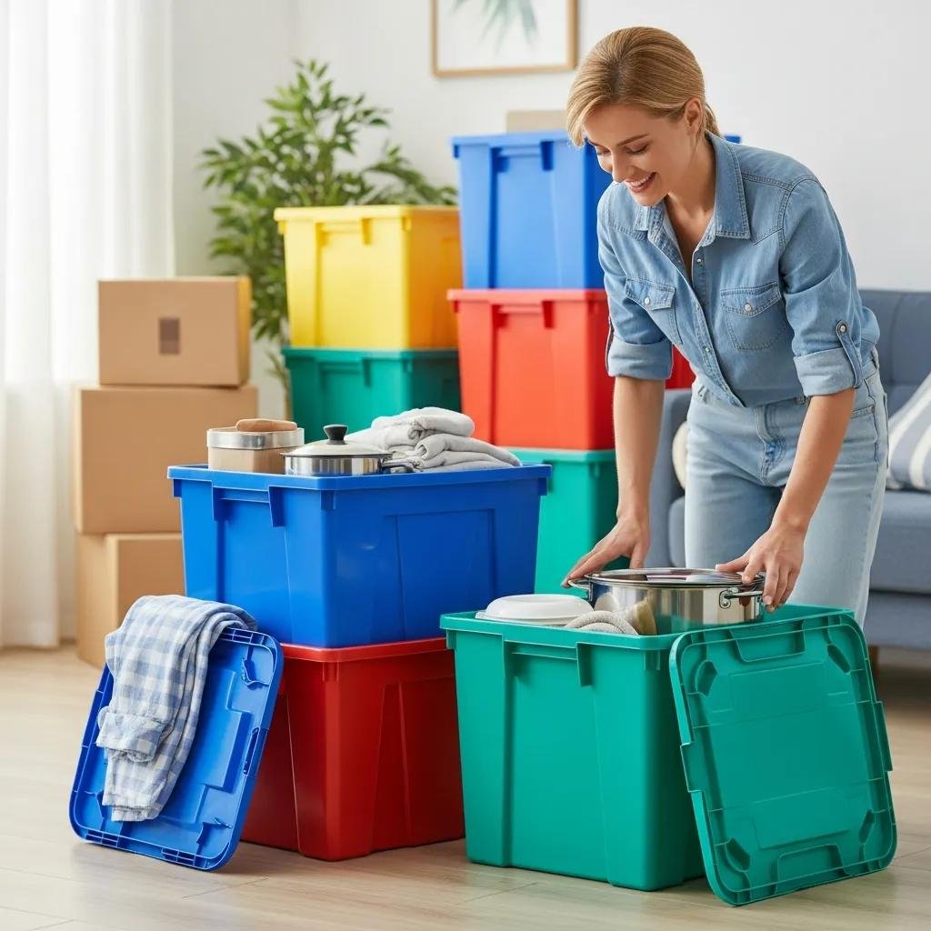 Colorful plastic moving bins stacked in a bright room, showcasing organization for residential moves
