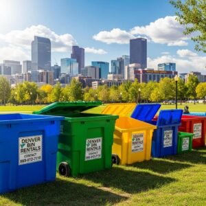 Colorful rental bins in Denver with skyline backdrop, representing rental services