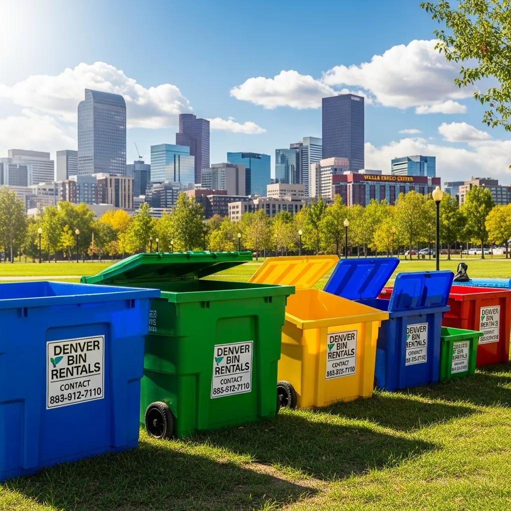 Colorful rental bins in Denver with skyline backdrop, representing rental services