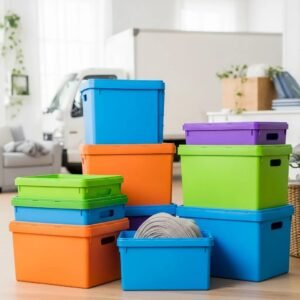 Colorful reusable moving boxes stacked in a bright room, emphasizing eco-friendly moving solutions