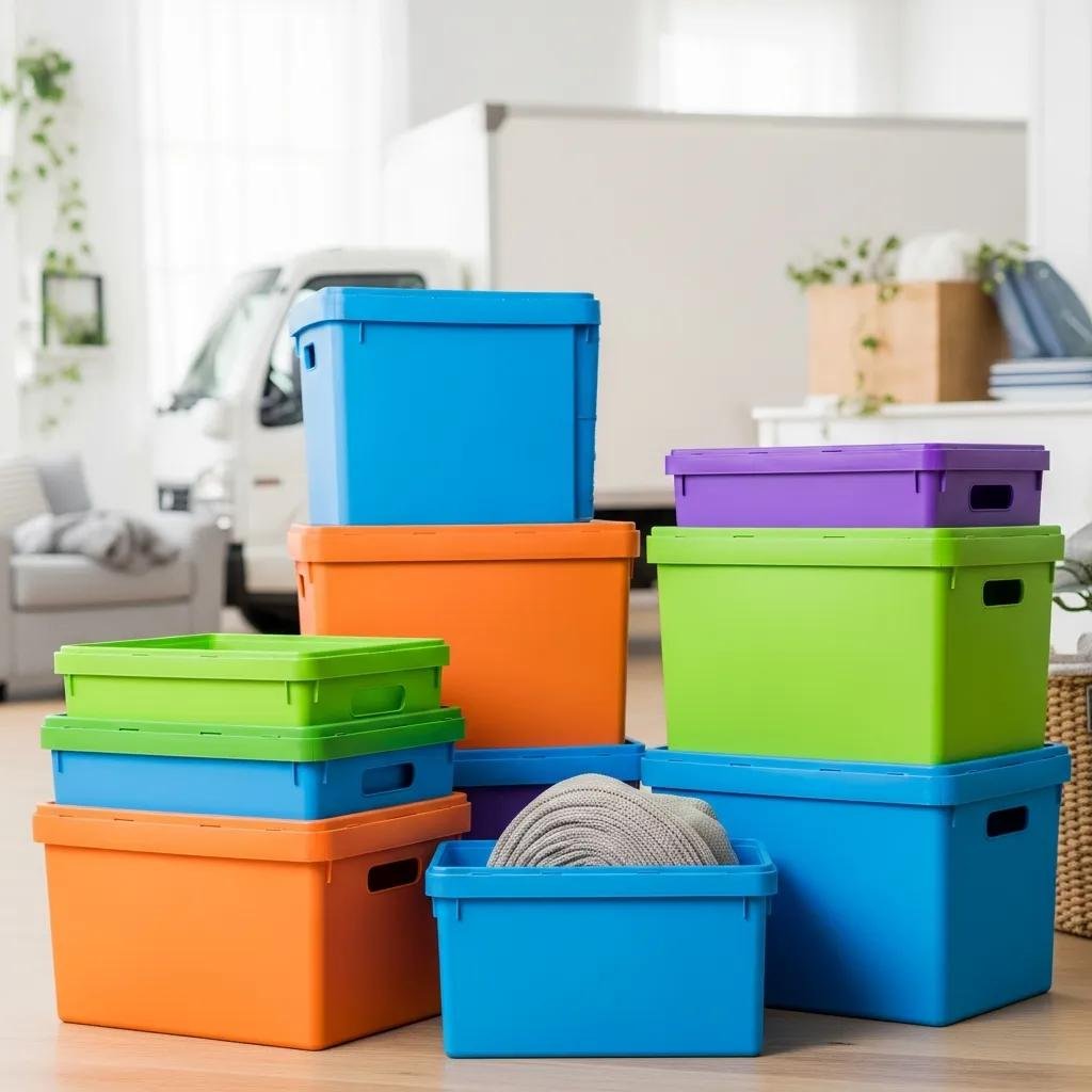 Colorful reusable moving boxes stacked in a bright room, emphasizing eco-friendly moving solutions