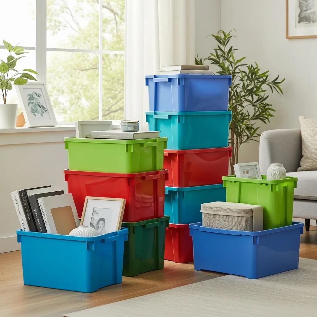Colorful reusable plastic moving boxes in a modern living room, emphasizing eco-friendly moving solutions