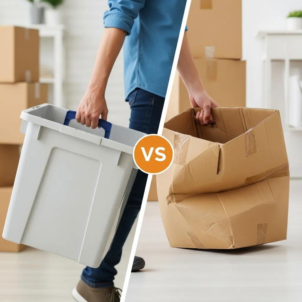 Comparison of a sturdy plastic moving bin and a damaged cardboard box in a moving context