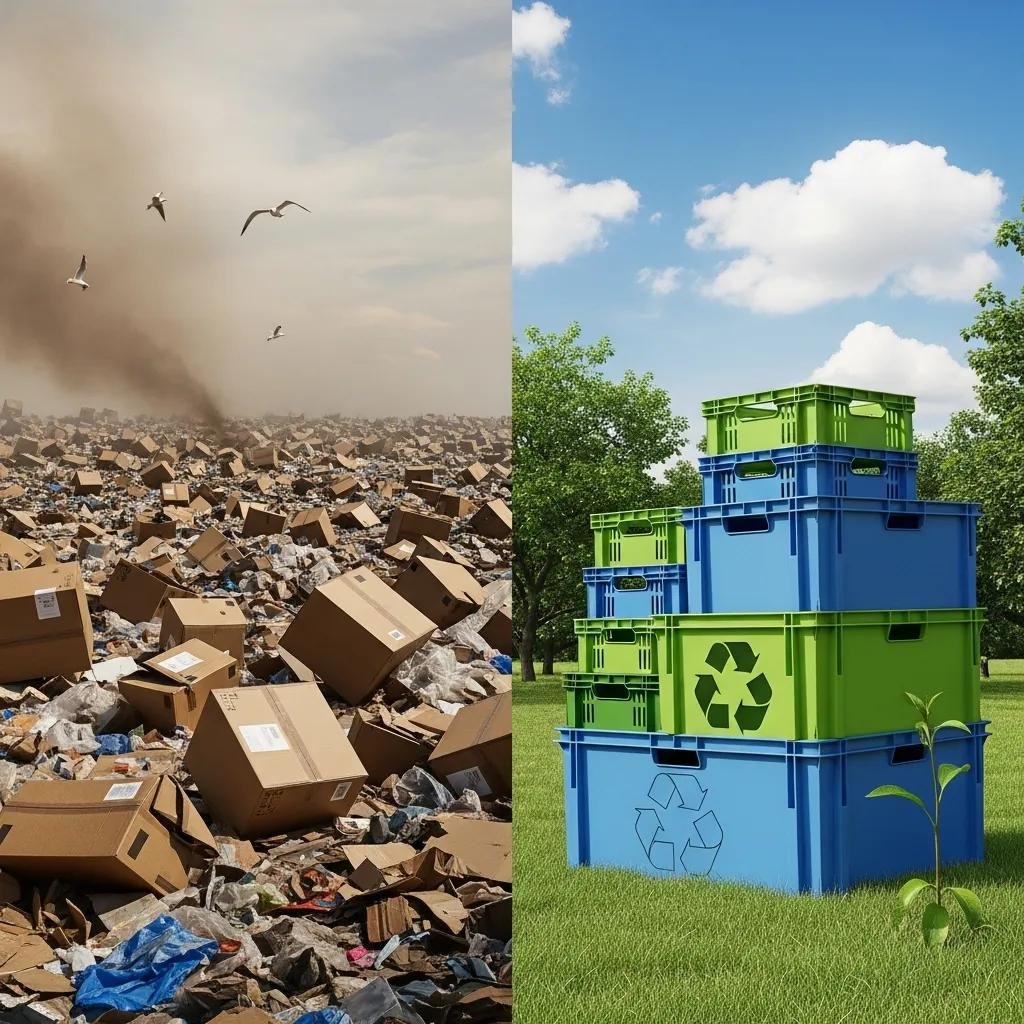 Comparison of landfill waste from cardboard boxes and eco-friendly reusable moving crates