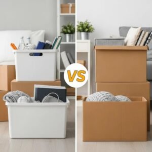 Comparison of plastic and cardboard moving boxes in a well-organized moving space