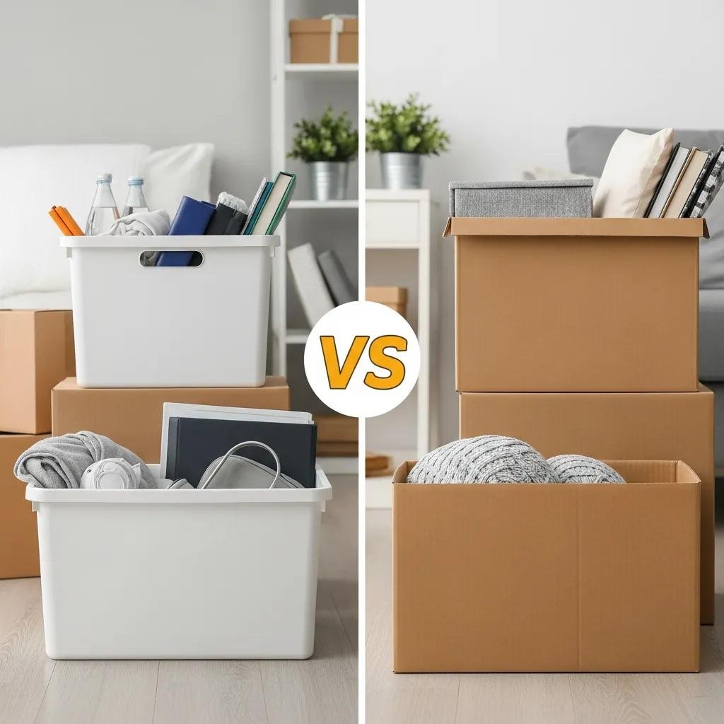 Comparison of plastic and cardboard moving boxes in a well-organized moving space