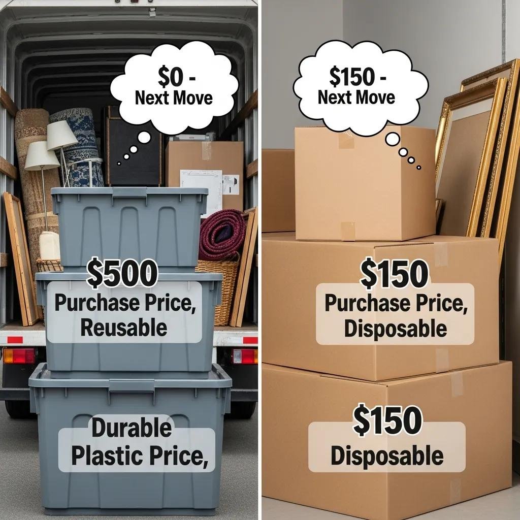 Cost comparison of plastic and cardboard moving boxes with price tags