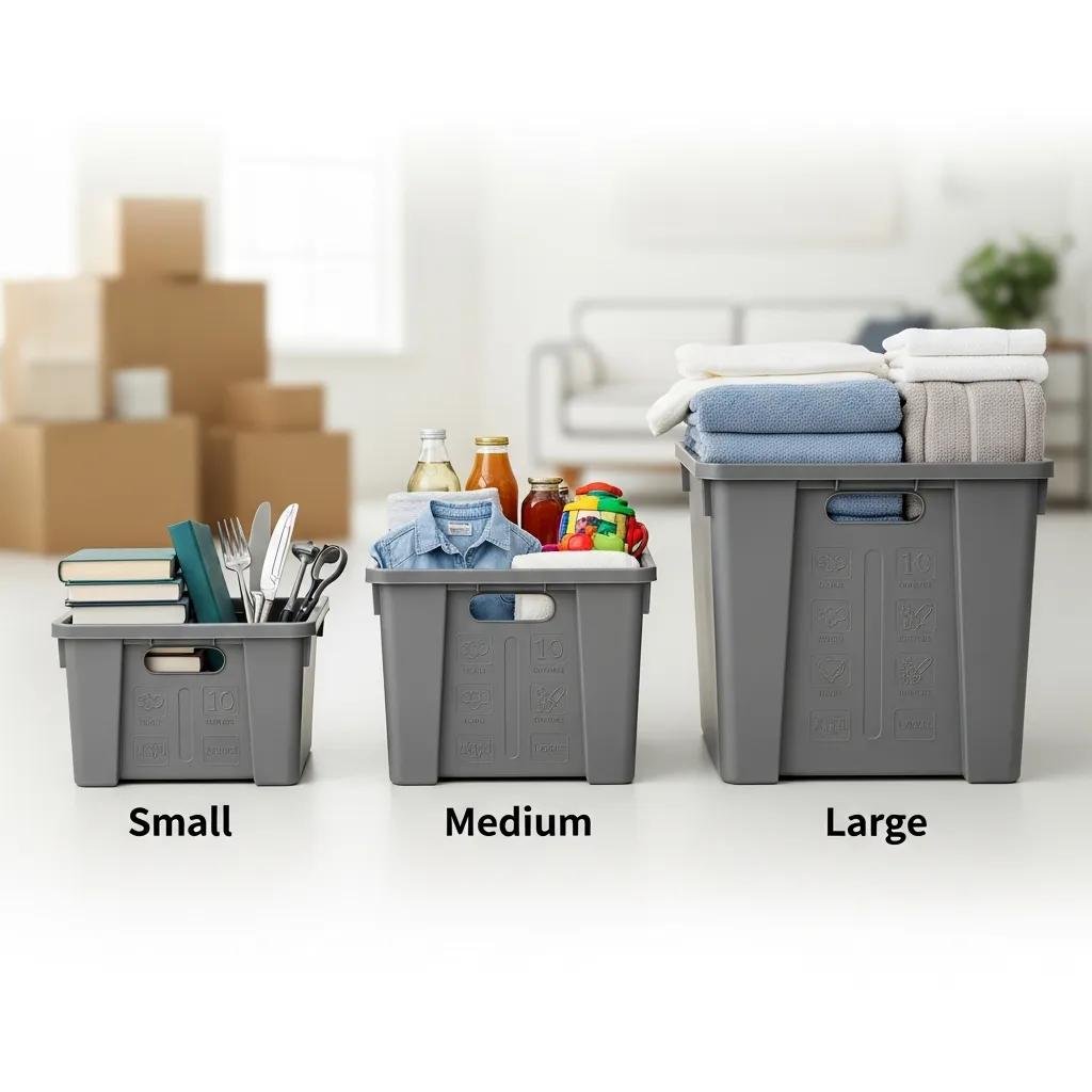 Different sizes of eco-friendly moving bins displayed with example items, highlighting versatility