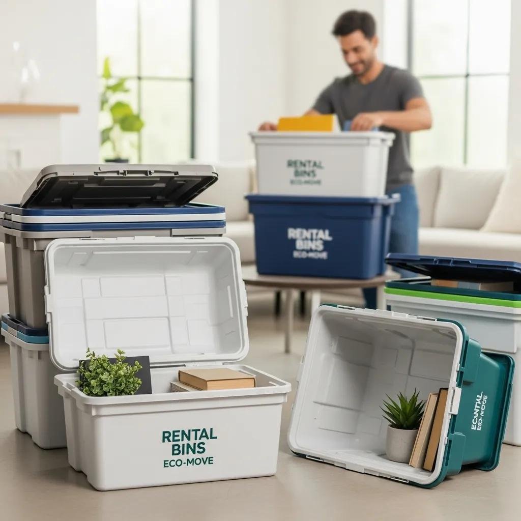 Eco-friendly moving bins in a modern living room, showcasing convenience and organization