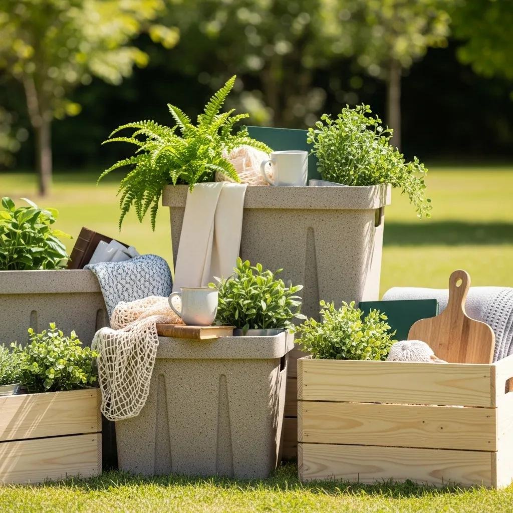 Eco-friendly moving bins made from recycled materials, filled with plants and household items in a natural setting