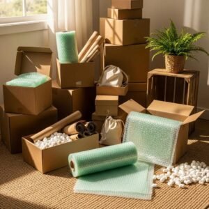 Eco-friendly moving supplies including biodegradable packing materials and recycled boxes