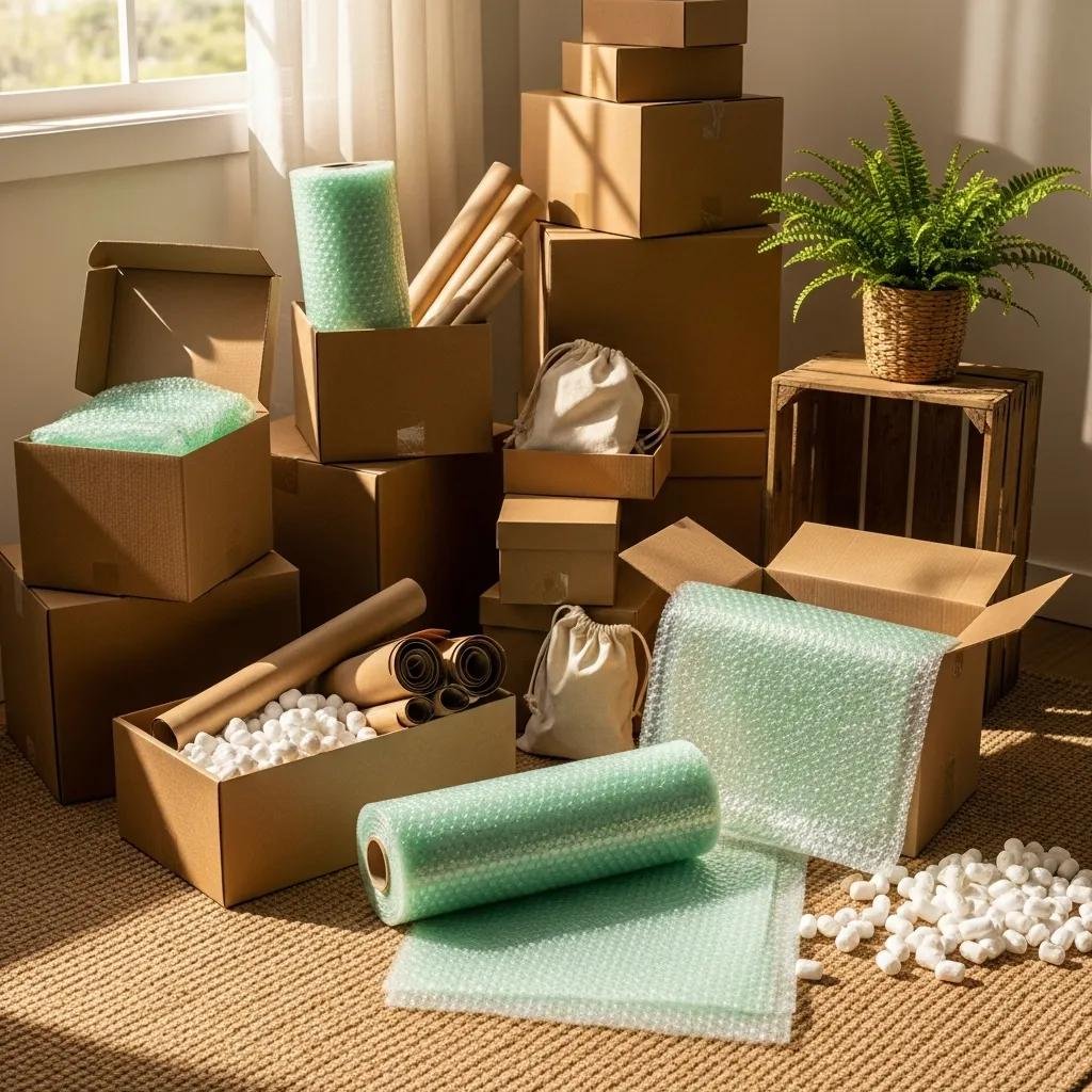 Eco-friendly moving supplies including biodegradable packing materials, recycled boxes, bubble wrap, and packing peanuts in a well-lit indoor setting, emphasizing sustainable moving solutions.