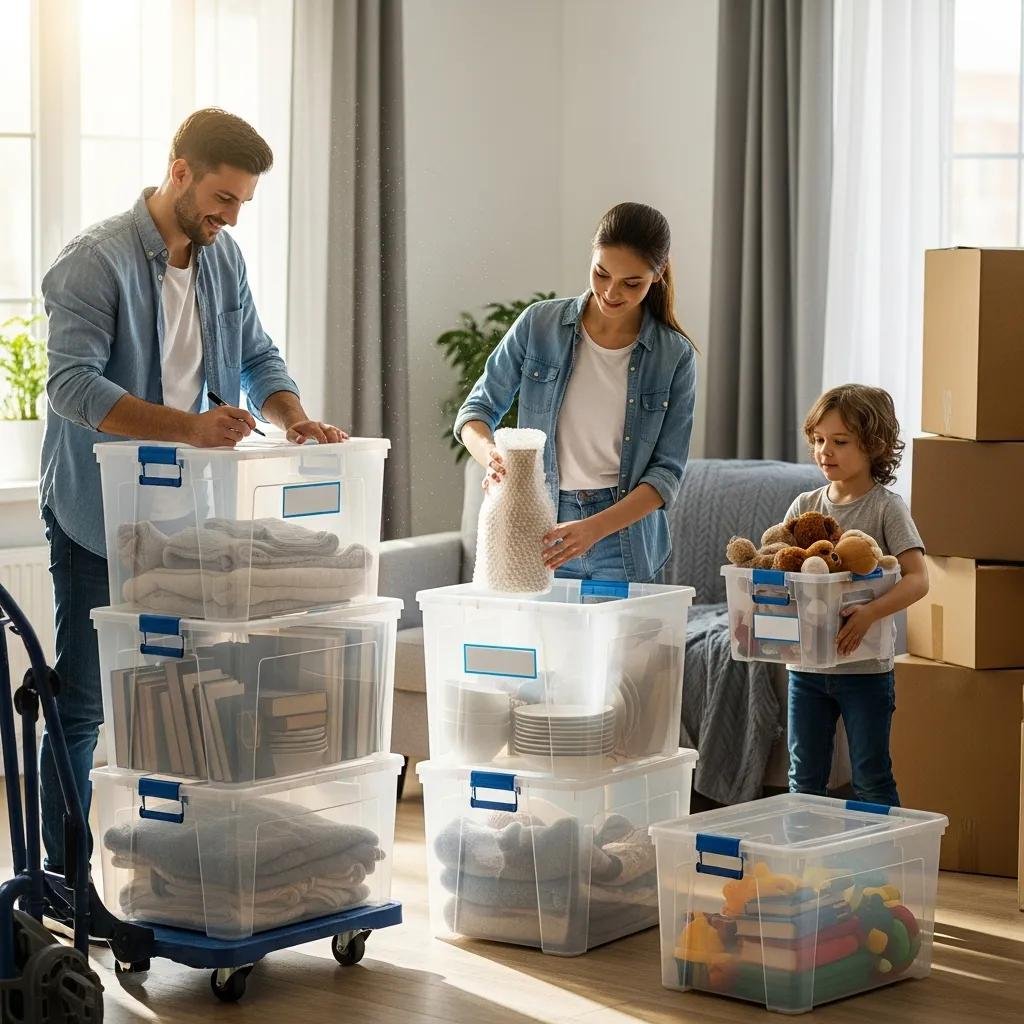 Family packing belongings into durable plastic moving boxes on moving day