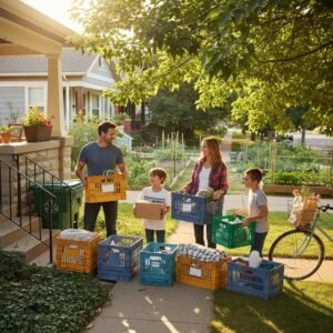 Family packing reusable moving crates for an eco-friendly relocation in Denver
