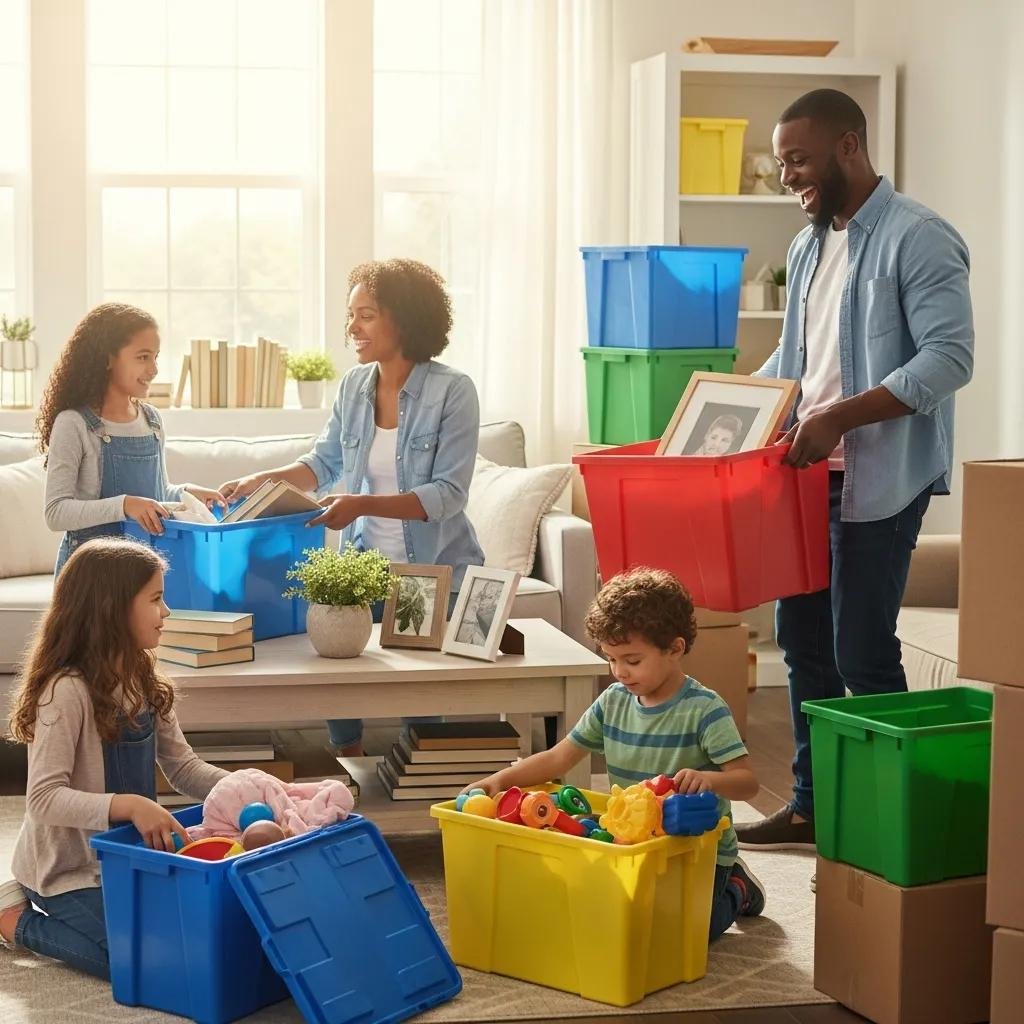 Family unpacking colorful reusable moving boxes in their new home, showcasing positive moving experiences
