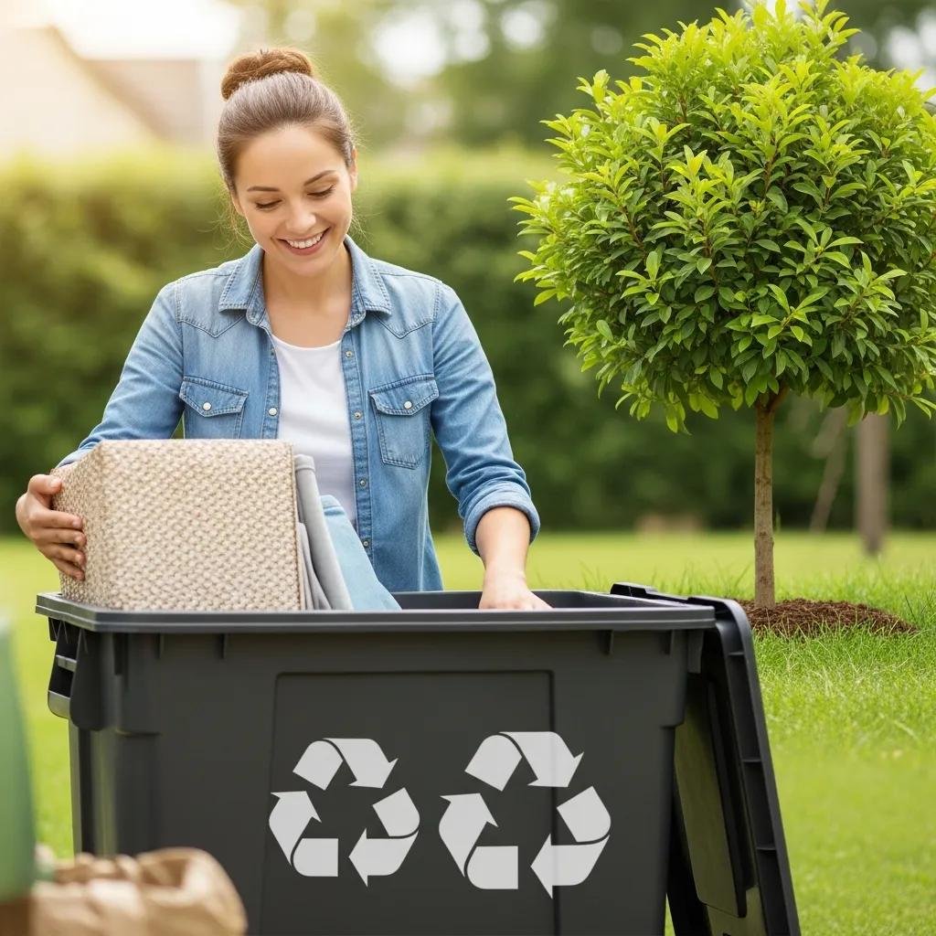 Person packing eco-friendly moving bins outdoors, emphasizing sustainability and environmental benefits