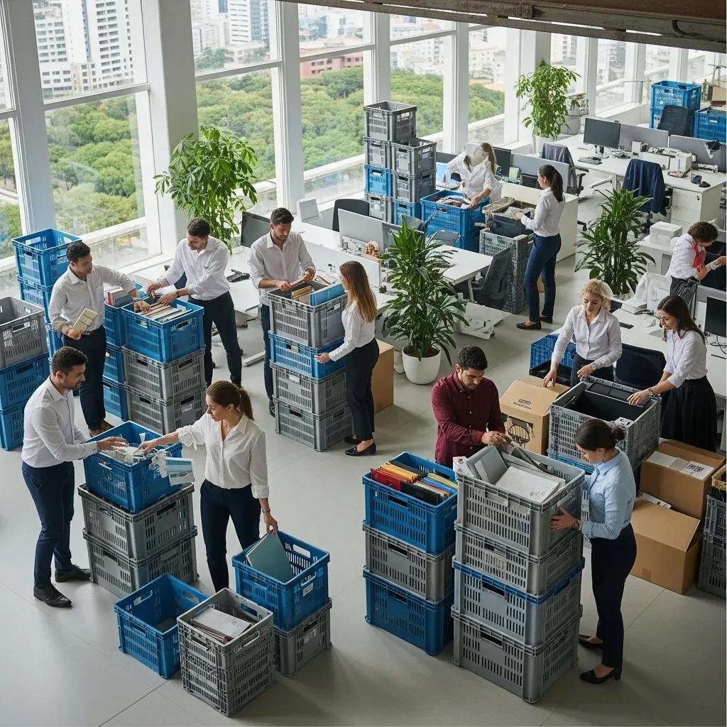 Reusable moving crates in a modern office during relocation, highlighting eco-friendly practices