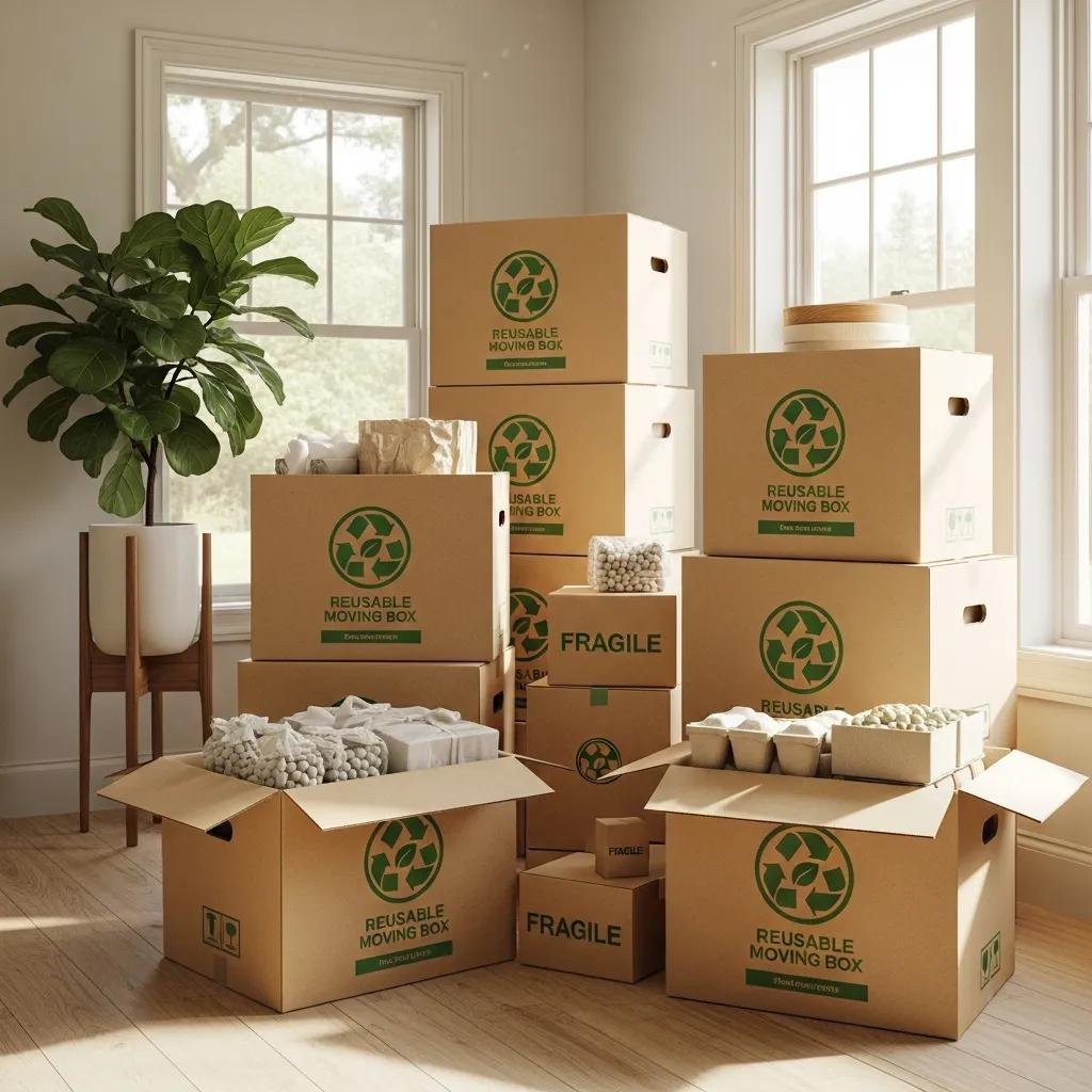 Stack of recycled and reusable moving boxes in a bright, organized room