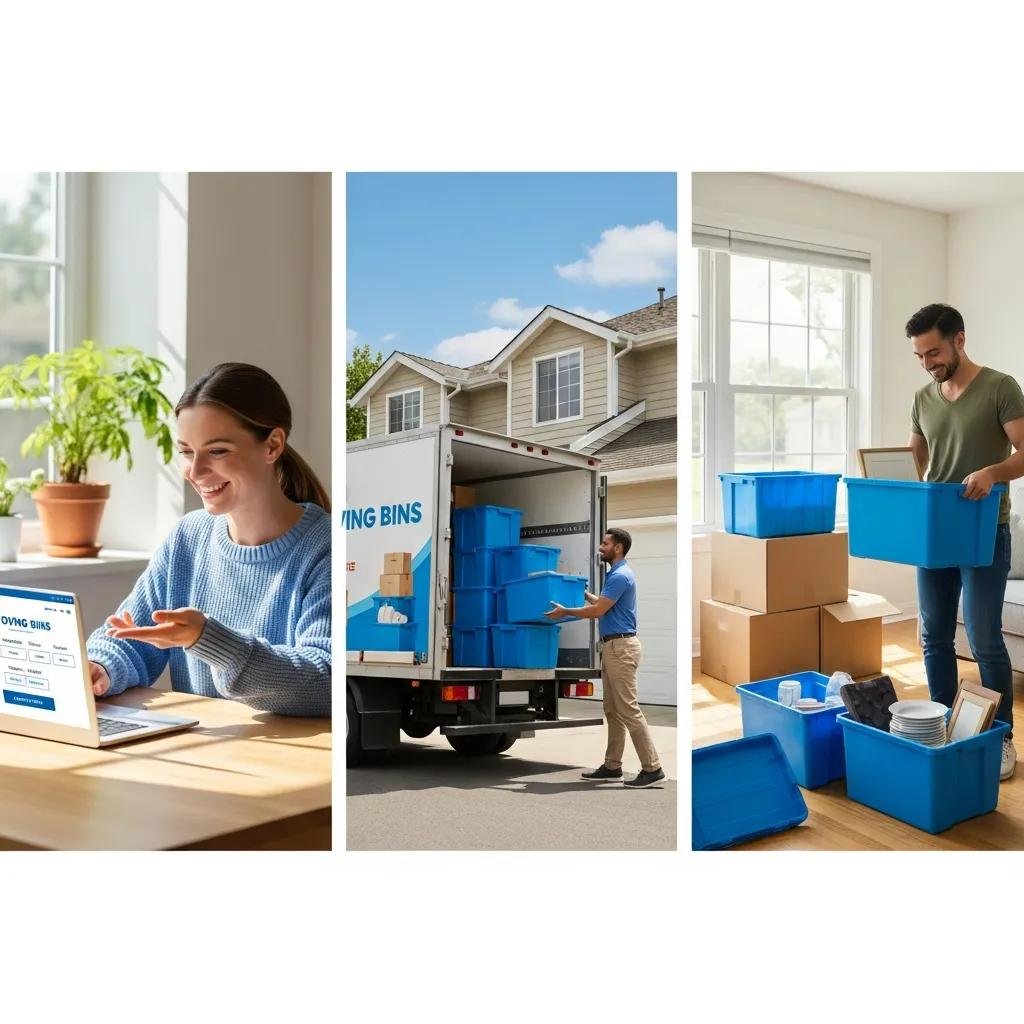 Step-by-step visual guide to renting moving bins, showing ordering online, delivery, and unpacking