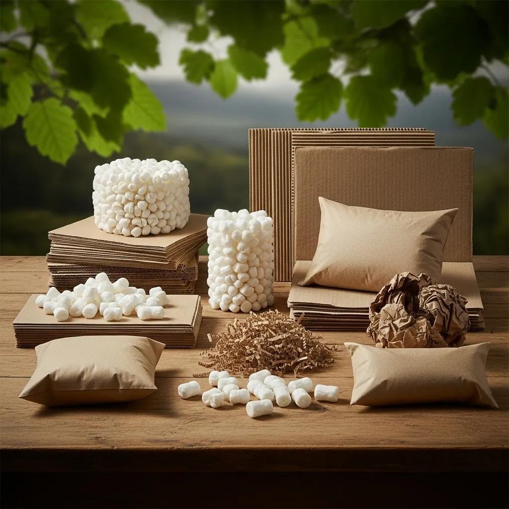 Variety of biodegradable packing materials like packing peanuts and fillers in a natural setting